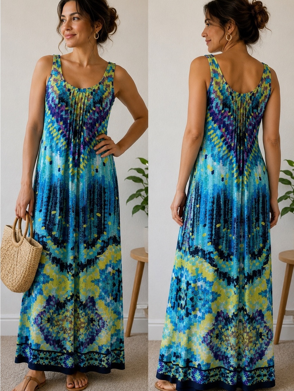 Glamour Teal and Yellow Mosaic Maxi Dress